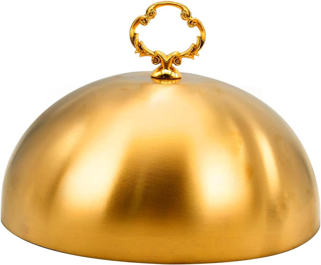 Gold Stainless Steel Food Dome Cover Food Protecting Dome Cover Serving Plate Dish Dome Cake Butter Dessert Cheese Cover for Burgers Restaurant Party (Flower Wreath Bead)