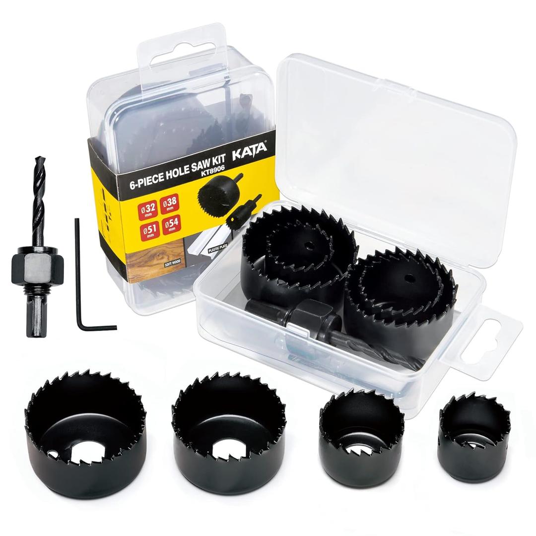 KATA 6PCS Hole Saw Kit 1-1/4" to 2-1/8"(32-54mm) Hole Saw Set in Case with Mandrels and Hex Key for Soft Wood, PVC Board, Plywood