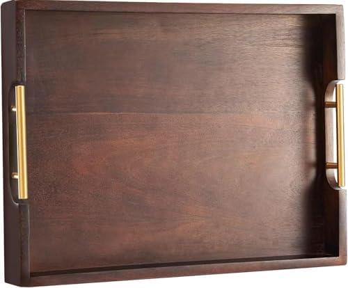 Joy&Grace Ottoman Tray for Living Room, Large Acacia Wooden Serving Tray with Handles for Coffee Table, Breakfast in Bed, Food Dinner, Decorative Tray (Sleek Brown, 16.7" x 12.8" x 2")