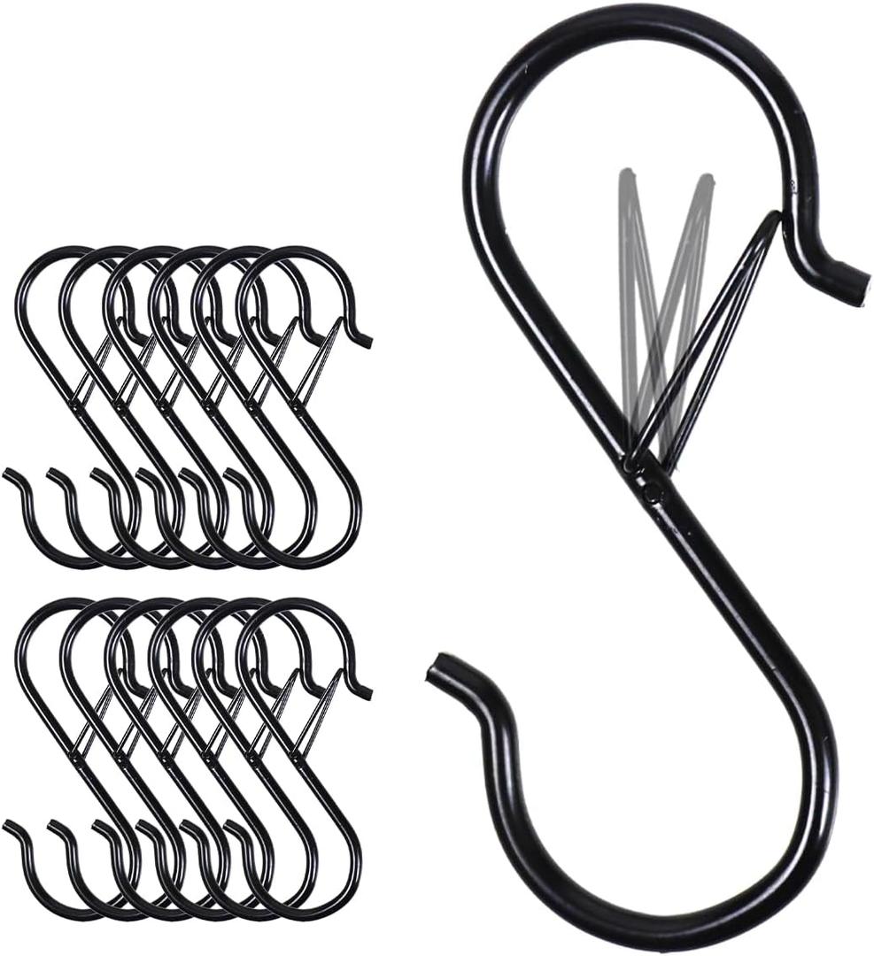 Larmstom 3.5" S-Hooks with Safety Clasps, Rustproof Coated S Metal Hooks for Hanging Plants, Kitchen Utensils, Jeans, Bags, Pots and Pans, 12 Pack Black