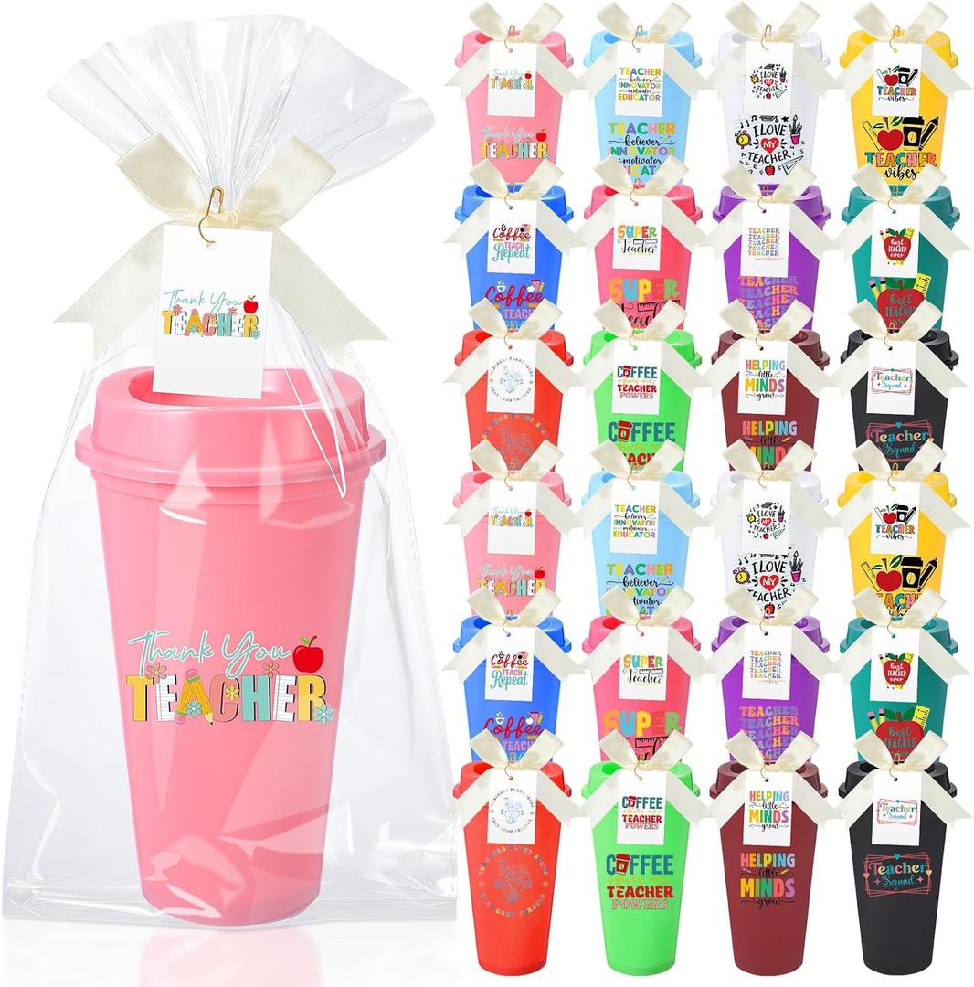 Skylety 24 Pack Teacher Appreciation Gifts Bulk Cups 16 oz Reusable Coffee Tumblers with Lids, Bags & Cards, Thank You Teacher Gifts Set for Appreciation Week, End of Year, Graduation