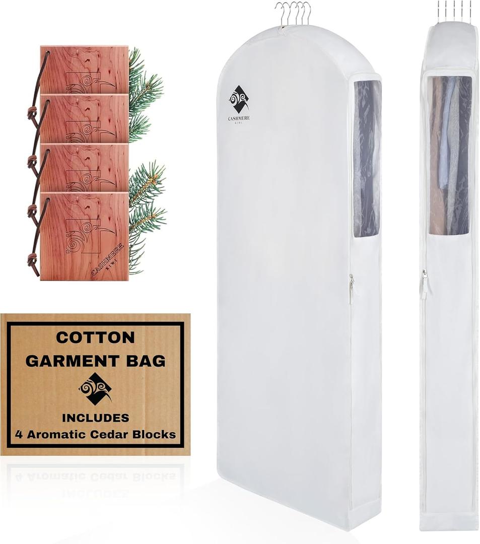 Premium 60 Cotton Garment Bag For Hanging Clothes And Storage | Wide 6 Gusset & 4 Cedar Blocks For Fresh Smell And Clothes Protection | Best For Fur Coats, Long Dresses, Gowns, Tuxedos and more