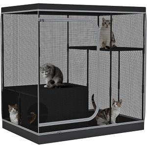 DINMO Large Cat Cage, Cat Enclosure Indoor with Litter Box, Cat Playpen for Adult Cats, Kittens & Small Animals, Multi-Level Kennel, Pet Playpen with Waterproof Floor, Black