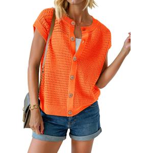 Saodimallsu Womens Short Cap Sleeve Sweater Vest Crochet Button Down Cardigans Crew Neck Summer Knit Tops, Large