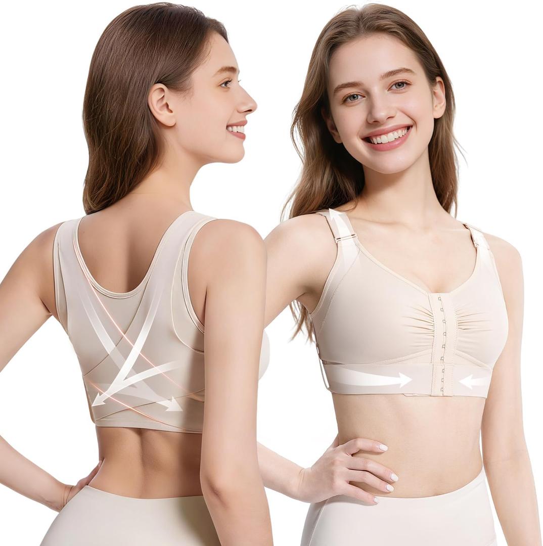 Fit Geno Posture Bra for Women: Wireless Front Closure Posture Corrector Bra with Wide Adjustable Straps (30-32A/D, Beige)