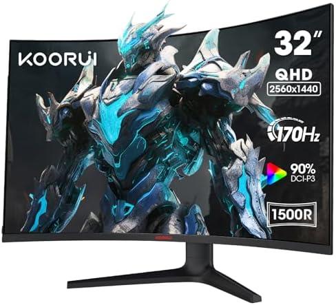 KOORUI 32" Curved Gaming Monitor - QHD (2560 x 1440) 2K Display, 170Hz 144Hz Monitor, 1500R Curvature, 1ms, HDR10, Adaptive Sync, Tilt Adjustable, DisplayPort HDMI, Black - 32E6QC