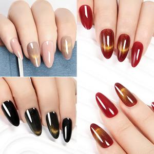 Press On Nails Almond- Fall Pink Red Black Medium Almond, Reusable Nails Press Ons, Fake Nail with Adhesive Tabs, 12 Sizes 24 Pcs Nail Kit with 1 Prep Pad, 1 Manicure Stick, 1 Mini File (3Pcs)