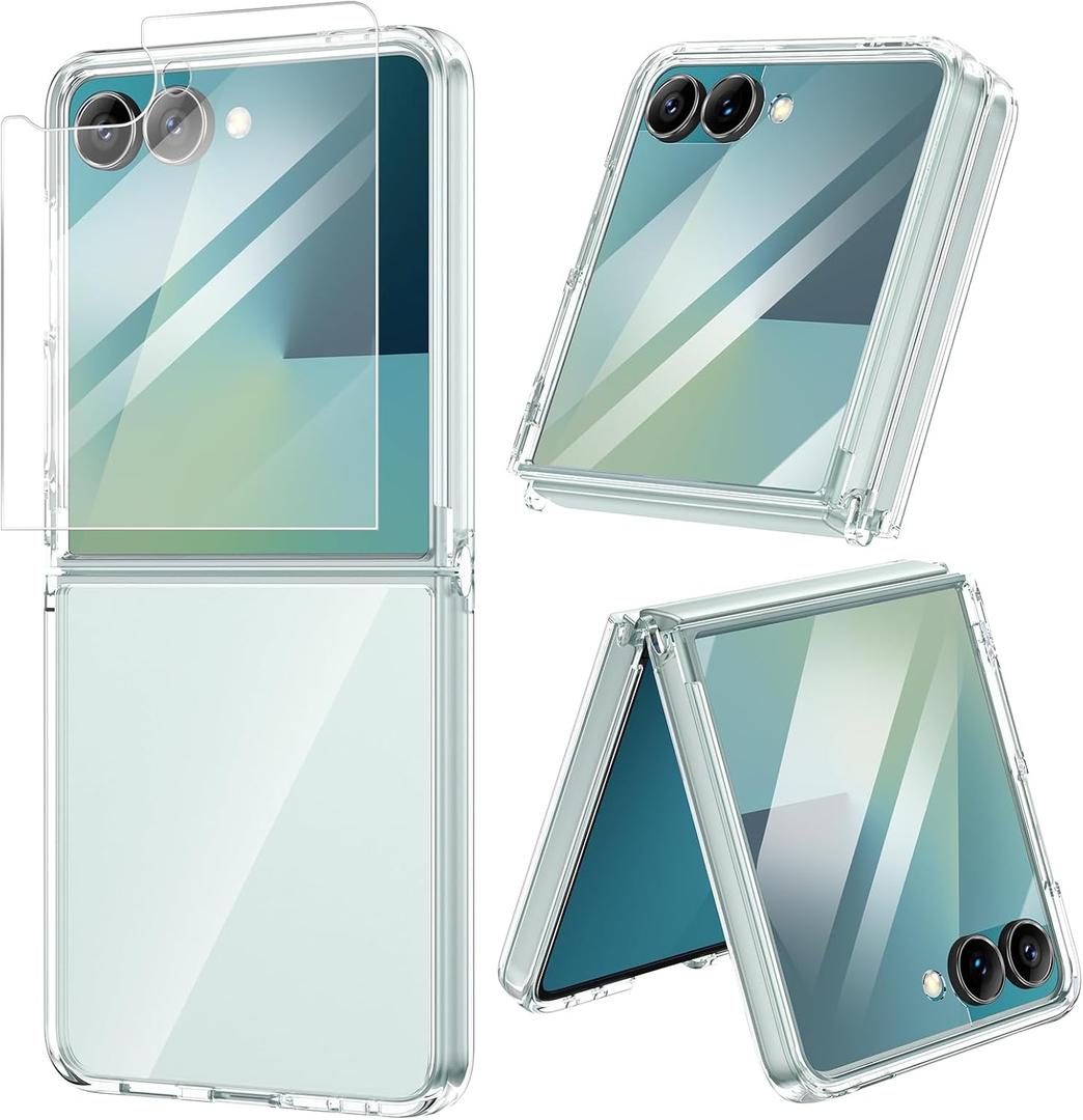 VEGO for Samsung Galaxy Z Flip 7 Case with Screen Protector, TPU Crystal Anti-Yellow & Ultra Slim Wireless Charging Spray Paint Bumper Protective Phone Cover for Flip 7(Not for 7FE) -Full Clear