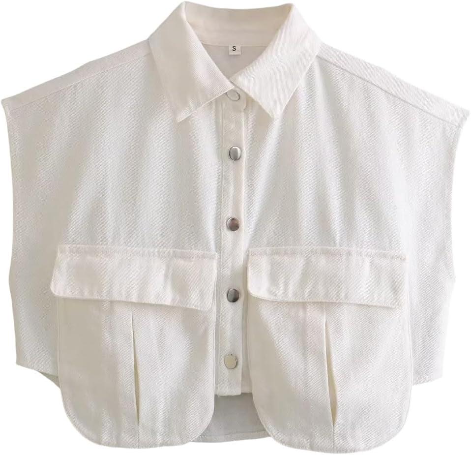 Perbai Womens Cropped Button Down Shirt Summer Collared Sleeveless Loose Denim Top with Pockets (Medium, White)
