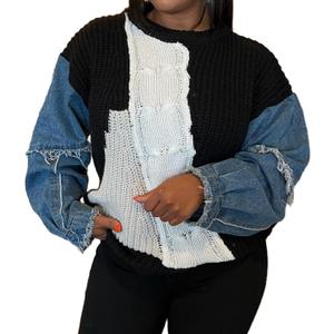 Vaceky Womens Sweaters Denim Sleeve Color Block Crewneck Pullover Knit Tops, X-Large