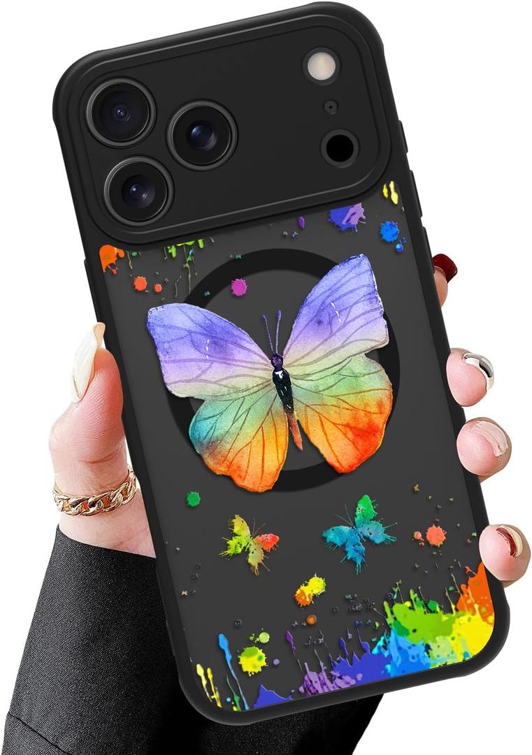 MZELQ Magnetic Case for iPhone 17 Pro Max 6.9 Inch, Clear Butterfly [Compatible with Magsafe Charging] Translucent Matte Hard Shockproof Camera Protection Cover for Women Men, Frosted Black