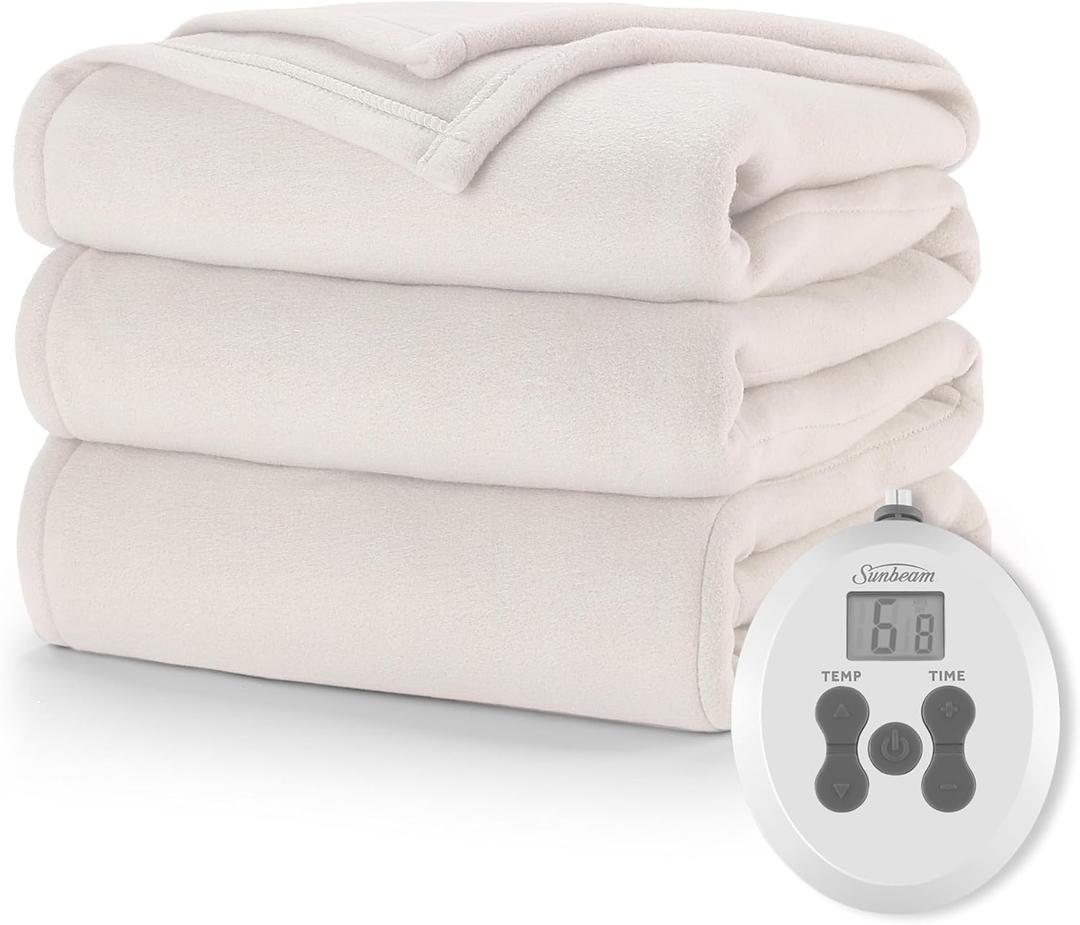 Sunbeam Royal Ultra Fleece Heated Electric Blanket Full Size, 84" x 72", 12 Heat Settings, 12-Hour Auto Shut-Off, Cream