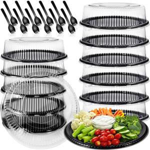 Tessco 12 Pack 16 Inch Heavy Duty Serving Tray with Clear Lid and Sporks, Large Plastic Tray Elegant Platter Round Black Disposable for Fruit Sandwich Party Takeout Food Catering Picnic