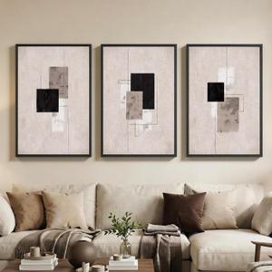 Vaskuro 3D Textured Large Framed Neutral Abstract Art, Set of 3 Black and Beige Modern Canvas Prints Paintings Artwork for Walls, Minimalist, Living Room, Hallway, Stair, Office Wall Decor 24x36 In