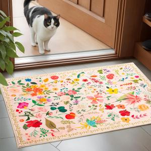 Boho Floral Entryway Rug 2x3, Washable Small Mat for Bathroom and Kitchen, Non Slip Front Door Mat Indoor Entrance, Vintage Style Flower Mat with Rubber Backing, Soft Area Rug for Entry Way (Beige)