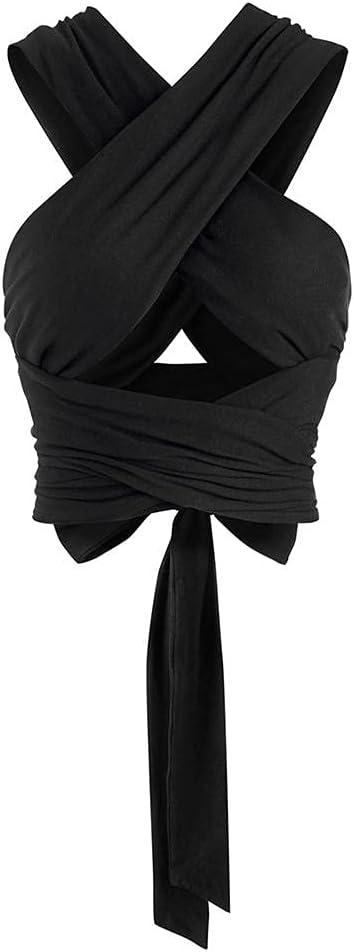 ZAFUL Womens Ribbed Halter Crop Top Ruched Lace-up Cropped Cami Bandana Top Criss Cross Wrap Print Tank Top (One Size, Black)