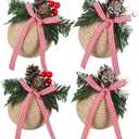 Civaner 4 Pcs 3.15 Inch Elegant Christmas Ball Ornaments with Pine Cones Farmhouse Neutral Rustic Linen Xmas Ornaments Rustic Christmas Tree Decoration Hanging Decor for Xmas Party Tree Home Decor