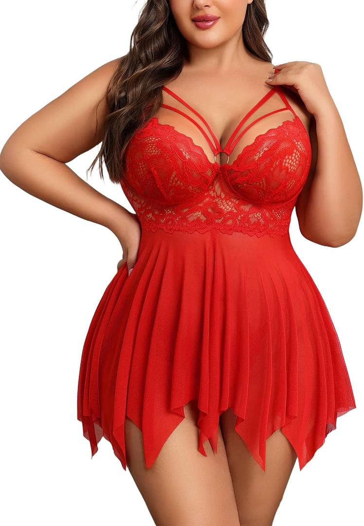 Avidlove Babydoll Lingerie for Women Strappy Nightdress Sexy Nightgowns Bridal Chemise Plus Size Lace Langeray L-4XL (Red)