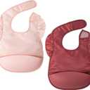 Tiny Twinkle Silicone Pocket Bibs - Waterproof, Food Catching, Mess-Proof Bibs for 6-24 Months Baby Boy and Girl, Toddlers (2-pack Rose, Burgundy)