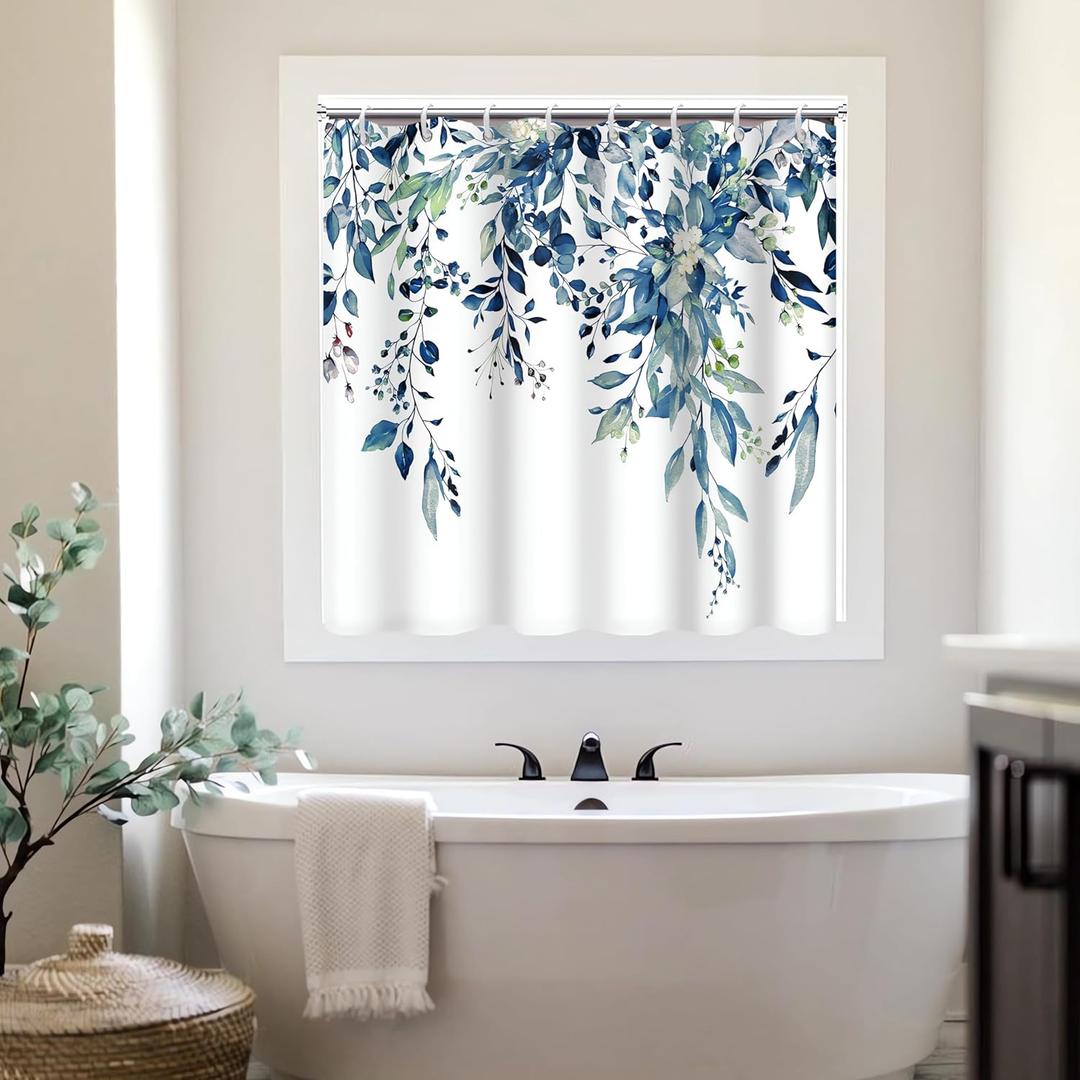 Shower Window Curtain, Watercolor Blue Eucalyptus Small Short Waterproof Bathroom Window Curtain with Hooks, 48x48 Inch