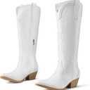 Rollda Cowboy Boots for Women Cowgirl Boots Embroidered Knee-High Western Boots Pointy Toe with Chunky Heel (8.5, White)