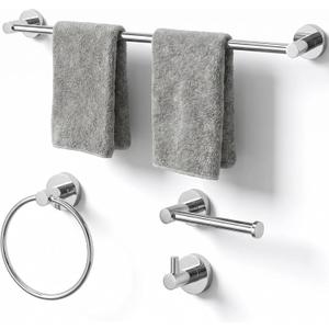 24-Inch Wall Mounted Bathroom Towel Rack Set, 4-Piece Stainless Steel Bathroom Hardware Set with Towel Bar, Towel Ring, Toilet Paper Holder & Hook, Chrome