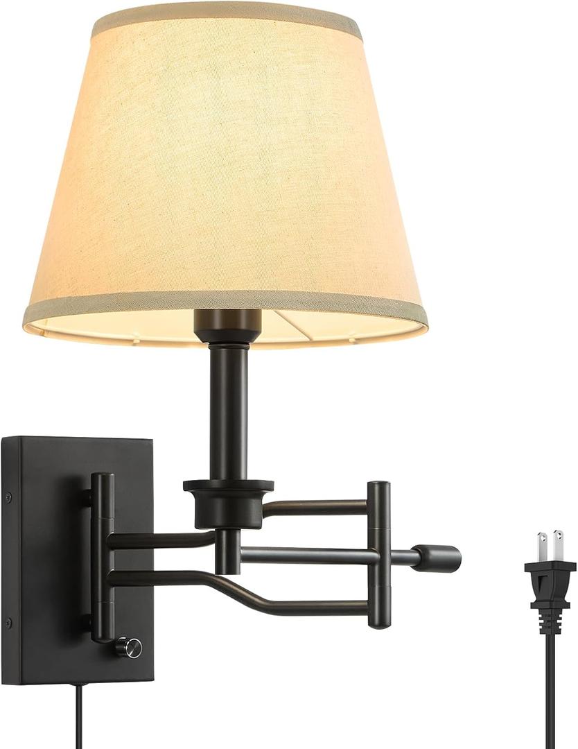 15" Black Swing Arm Wall Sconce Adjustable Wall Lamp, Plug in Wall Sconce with Dimmer Switch, Wall Mounted Reading Light Bedside Wall Lamp for Bedroom Living Room Hallway Staircase