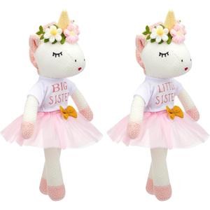 2 Pcs Big Sister Little Sister Gift for Girls 17 Inches Unicorn Stuffed Plush Doll Short Sleeve Outfits Short Sleeve T-Shirt Top and Pink Tutu Skirt Clothing Set Gifts for Toddler Kid Baby