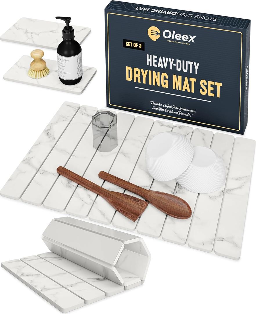 Oleex 3-Pack Stone Dish Drying Mat Set Includes 1 Large 24x16 & 2 Small 4x9 for Kitchen Counter-Collapsible Diatomaceous Earth Pad Absorbs Water & Dries Dishes Fast, Non-slip, Odor-Resistant Mats (White Marble)