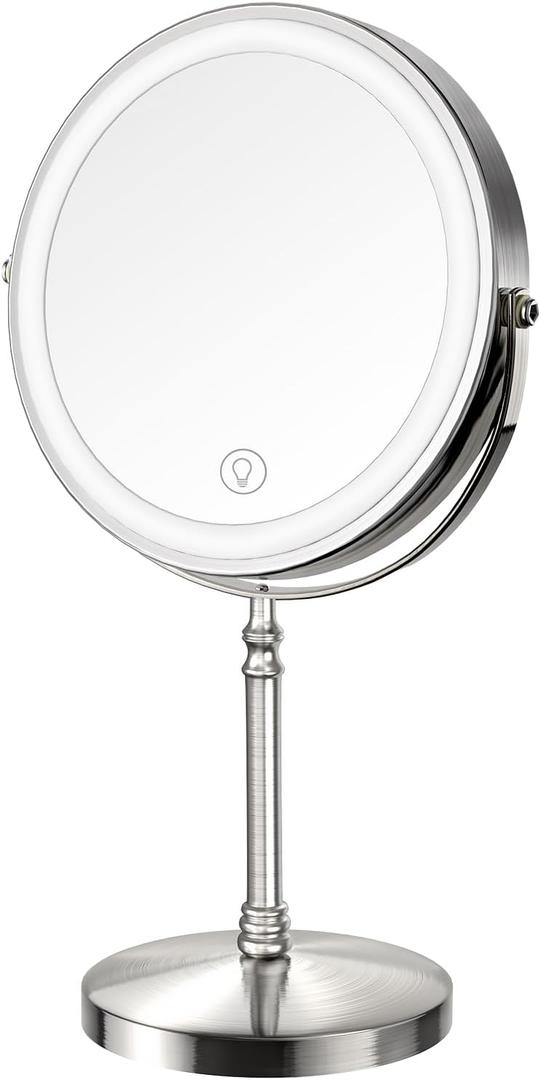 DEIOVWXS Makeup Mirror, 3000mAh Rechargeable Double-Sided Magnifying Vanity Mirror with 3 Colors, 1X/10X, Adjustable Brightness, Gifts for Mom, Mothers Day, Women, Wife, Girls, Dorm Room Essential (Nickel)