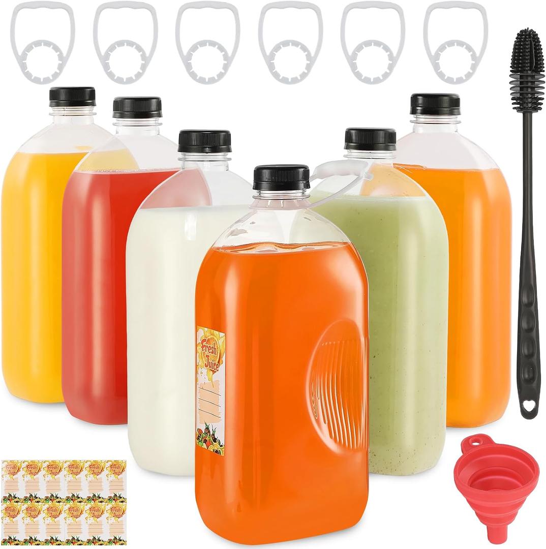 6pcs 64oz Empty Plastic Juice Bottles with Caps Reusable PET Food Grade Drink Bottles with Leak-Proof Tamper Evident Caps Bulk Clear Beverage Containers for Homemade Drinks Smoothie Milk
