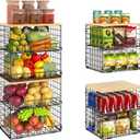 4 Pack Stackable Wire Baskets for Pantry Organizers and Storage, Pantry Baskets with Fixed Wooden Top, Fruit and Vegetable Storage Bins for Organizing Onion Potato Snack for Kitchen Cabinet/Countertop