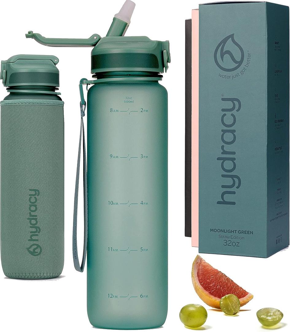 Hydracy Water Bottle with Time Marker -Large BPA Free Water Bottle & No Sweat Sleeve -Leak Proof Gym Bottle with Fruit Infuser Strainer & Times to Drink -Ideal for Fitness Sports & Outdoors (Moonlight Green)