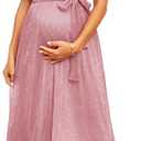AISWI 2025 Maternity Sparkly Mesh Maxi Flowy Dress with Belt Ruffle Sleeves Pregnant Long Dress Baby Shower Photoshoot Formal (Pink, XL)