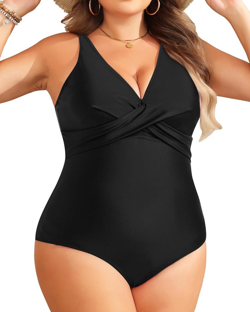 Yonique Plus Size Swimsuit One Piece Bathing Suits for Women Tummy Control Slimming Swimwear (Black)