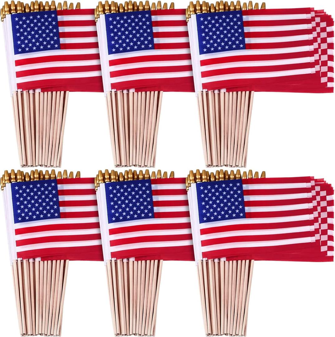 Tegeme 100 Pack of Small American Flags on Sticks, 8 x 12 Inch Mini Handheld US Flags Stick with Solid Wooden Pole Safety Spear Tip for Yard, Memorial Day, 4th of July, Independence Day Decorations