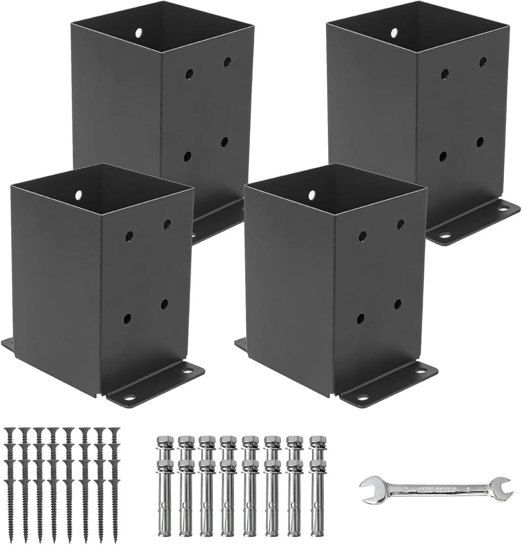 4x4 Post Base 4 Pcs,Inner Size3.6"x3.6" Wood Fence Pergola Post Bracket , Black Powder Coated Post Anchor,Deck Post Base Support Base Plate Pergola Brackets Fence Kit