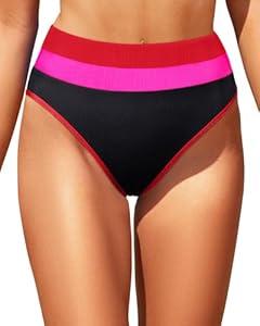 Tempt Me Women Black and Pink Colorblock Bikini Bottom Full Coverage Bathing Suit Bottoms High Waisted Swimsuit Bottom L
