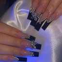 Long Press on Nails French Tip Black Fake Nails Coffin False Nails with Butterfly Rhinestone Designs Glitter Nail Tips Nude Pink Acrylic Nails Extra Long Stick on Nails for Women and Girls 24Pcs, Set of 6