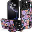 AIGOMARA for iPhone 16 Pro Case with Strap, Cute Floral Silicone, Black | Cute Colorful Floral Flowers Pattern, Soft Silicone Wristband Kickstand Full Camera Protective Cover for Women Girls