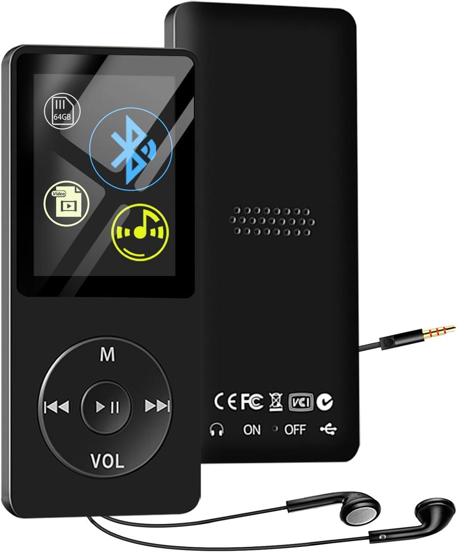 64GB MP3 Player with Bluetooth, Portable HiFi Lossless MP3 Music Players with Speaker, All-in-one Media Player with Video/FM Raido/Recorder/Alarm Clock, Up to 128GB Extension, Supports Random Playback