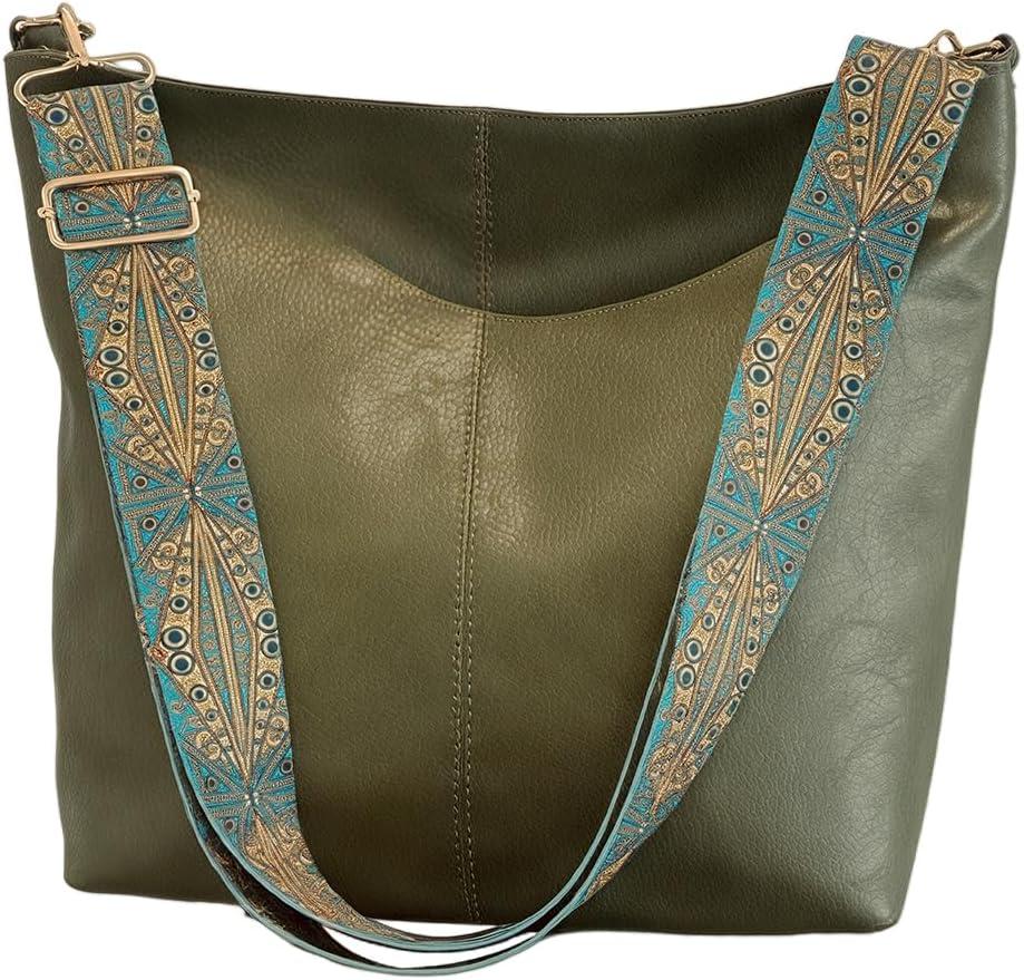 Hobo Crossbody Bag Vegan PU Leather Wide Guitar Strap Purses Stylish Boho Shoulder Tote Bucket Bag with Zipper for Women Working Shopping Traveling Daily Use Gifts(Green)