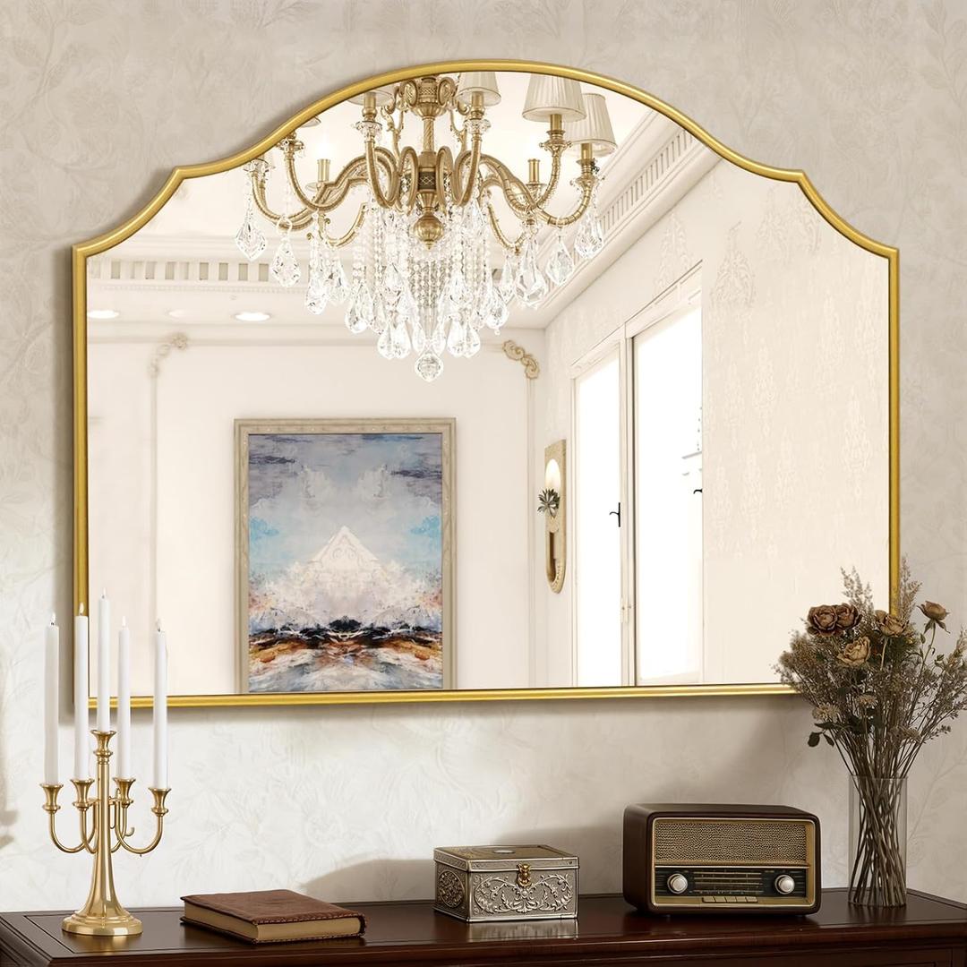 Scalloped Gold Wall Mirror, 36x26 Inch Arched Mirror Decorative, Elegant Mirror Wall Decor for Entryway, Bathroom Vanity, Hallway, Fireplace