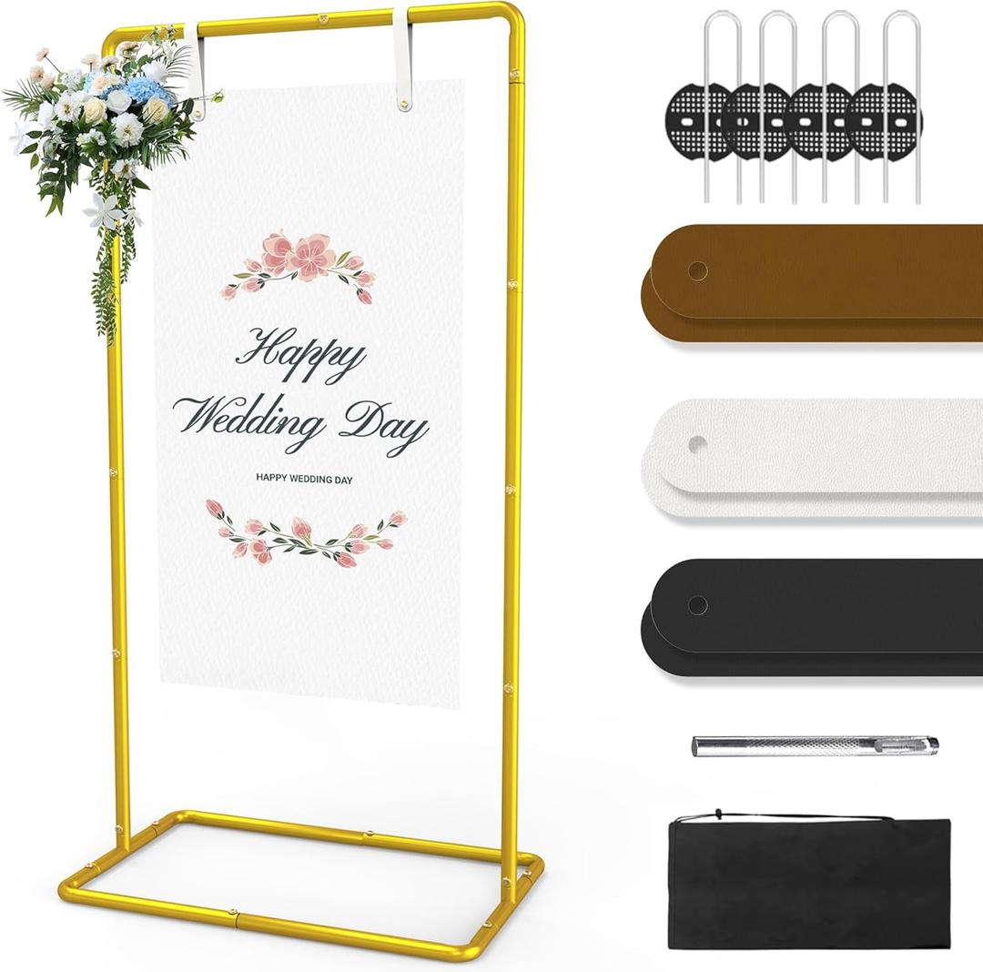 Wedding Sign Holder Adjustable Welcome to Our Wedding Sign Stand 68x31x 20Heavy Duty Metal Easel for Signs,Include 6 Sign Hanging Straps &Storage Bag& for Signs& Seating Charts & Event Decor(Gold)
