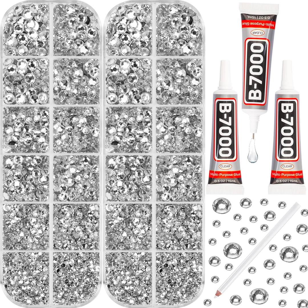 b7000 Clear Glue with 11000Pcs Silver Clear Rhinestones for Crafts Clothing Clothes Fabric Crafting, Flatback Gems Rinestones Kit for Shoes Tumblers, Flat Back Crystals Diamonds ss6-ss20 Multi Sizes (Small Pack + 3Pcs Glue)