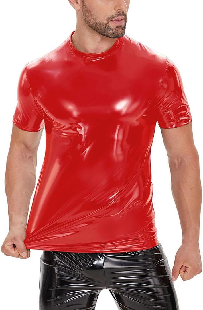 Men Shiny Leather T-Shirt, Wetlook, Short Sleeve, Glossy Latex Coat for Male (Medium, Red)