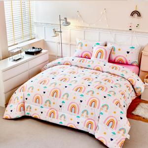 ANGIYUIN 6 Pieces Multi-Color Rainbow Twin Size Comforter Set for Girls Kids Cute Cloud and Love Hearts Girls Bedding Set Soft Microfiber Girl Bed in a Bag with Comforter, Sheets, Pillowcases