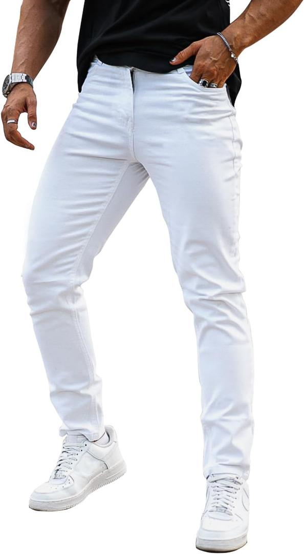 Heyfanee Mens Slim Fit Jeans Stretch Denim Pants for Men (White, M)