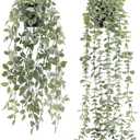 Der Rose 2Pcs Fake Plants Hanging Artificial Decor Faux Potted Eucalyptus and Pea Pod Plants for Boho Bathroom Home Office Desk Wall Shelf Bookcase Accessories Decor Indoor (Gray Green)