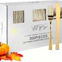 WDF300 Pieces Gold Plastic Silverware - Heavy Duty Disposable Cutlery Set Plastic Gold Silverware Set Includes 100 Forks, 100 Spoons, 100 Knives for Party/Thanksgiving